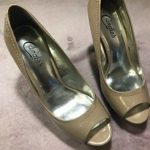 NEW CANDIE'S LADIES TAN HIGH HEEL OPEN TOE PUMPS SIZE 7 1/2